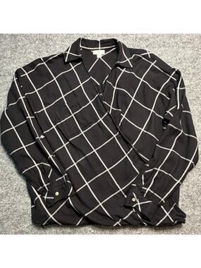 J. Jill Black White Windowpane Plaid Cotton Modal Popover Top Size Medium
